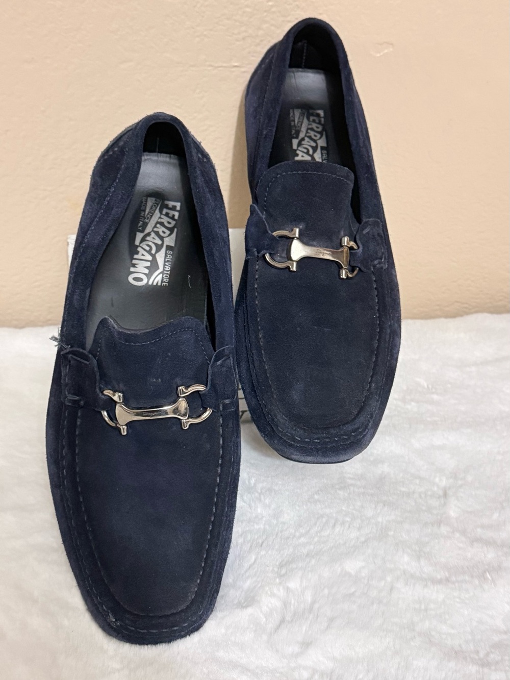 Salvatore Ferragamo Men's Dark Blue Suede Bit Loafers